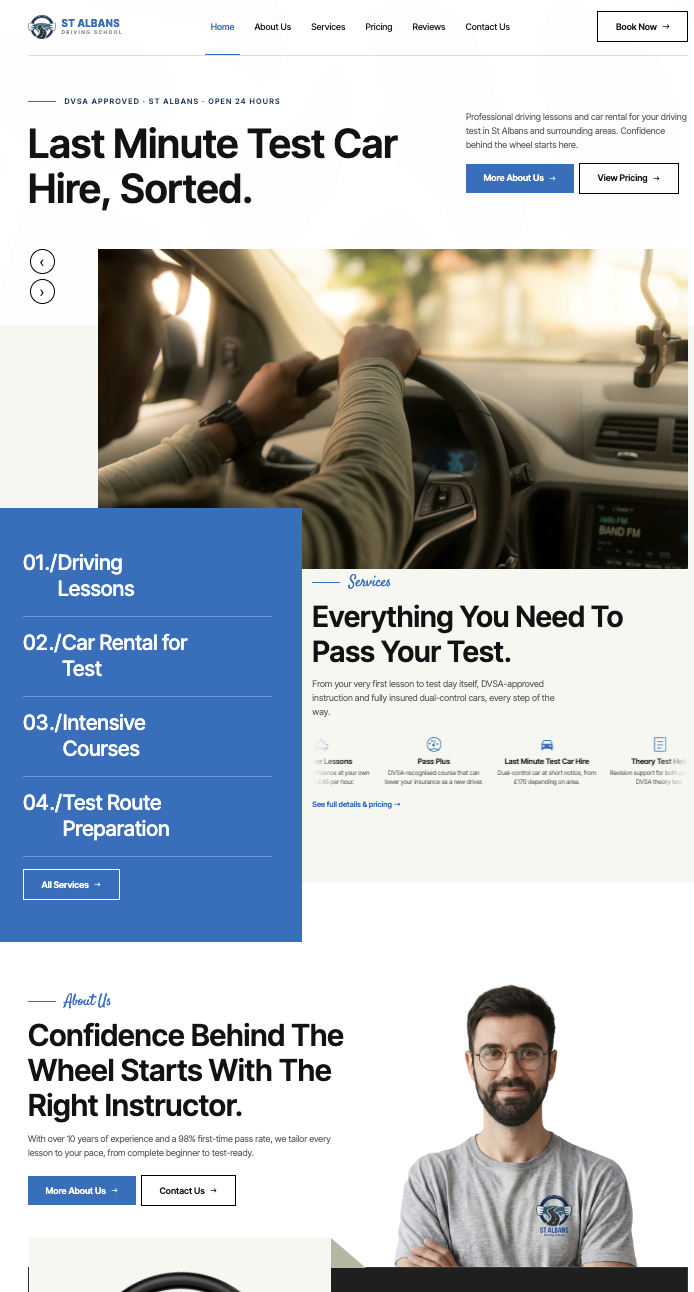 Full-page view of the St Albans Driving School website designed and built by GrowAx